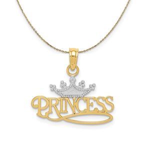14k Yellow Gold & Rhodium Crown Princess Script Necklace - 16 Inch